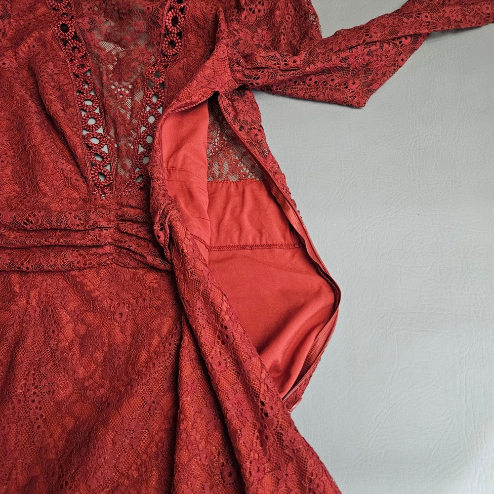 Saylor Celia Russet Lace Mock Neck Mini Dress Long Sleeve Puff Shoulder XS - Picture 7 of 10